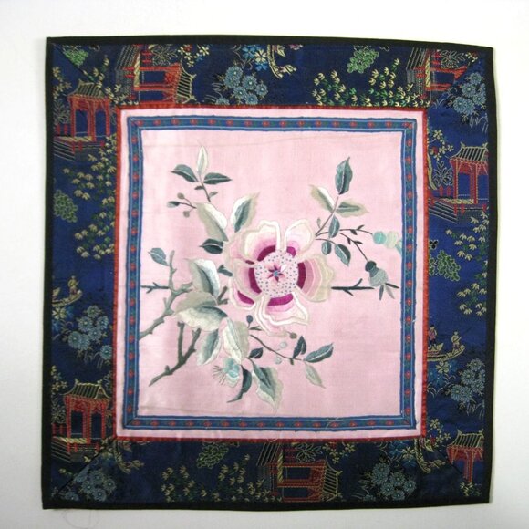 Vintage Asian Chinese Embroidered Silk Art Floral Panel Handmade Textile Square - Picture 1 of 6